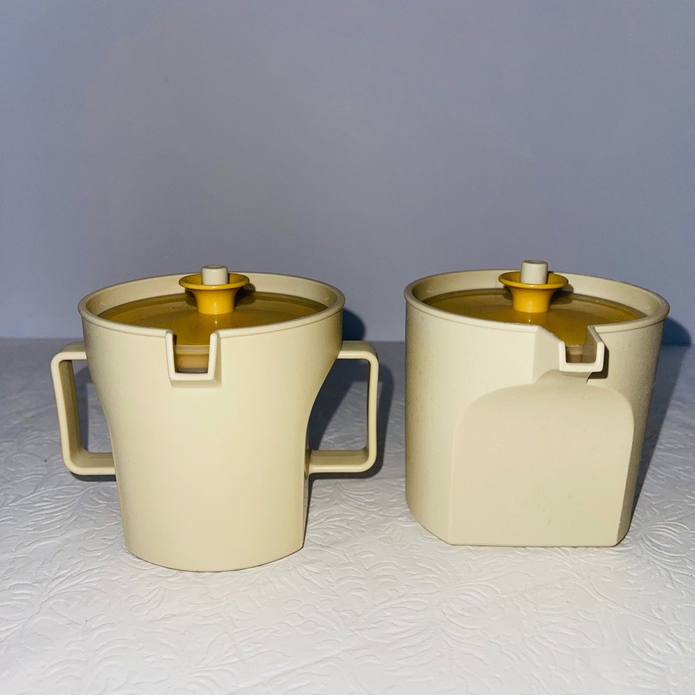Vintage Tupperware Creamer and Sugar Bowl Set Harvest Gold Almond Sunburst Lids